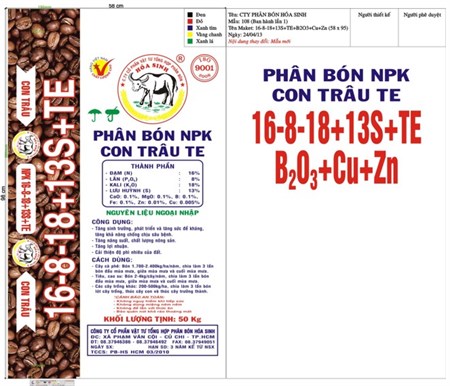 16 - 8 - 18 - 13S + TE + B2O3 + Cu + Zn Cà Phê - Công ty CP Vật tư Tổng hợp và Phân bón hoá sinh